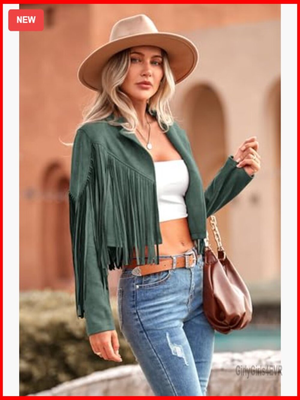 Faux Suede Fringe Cropped Jacket, Motorcycle Style, Fitted, Long Sleeve - Picture 5 of 7